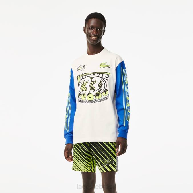 Lacoste homens camiseta estampada manga longa folgada Branco azul P2PX149 roupas