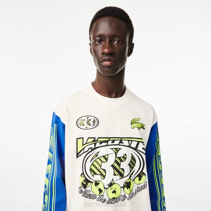 Lacoste homens camiseta estampada manga longa folgada Branco azul P2PX149 roupas