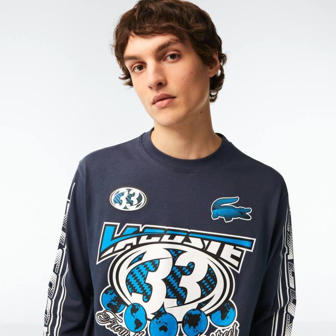 Lacoste homens camiseta estampada manga longa folgada azul P2PX148 roupas