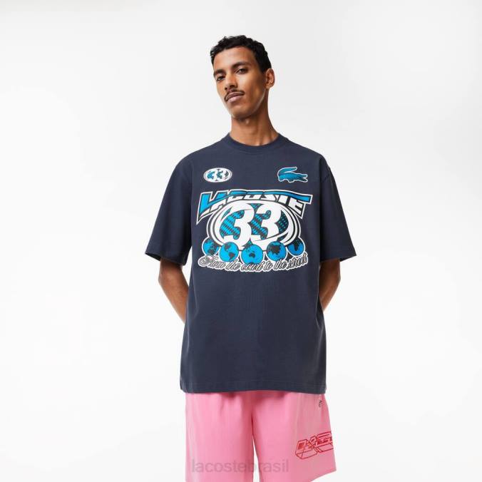 Lacoste homens camiseta folgada com estampa de jérsei de algodão azul P2PX146 roupas