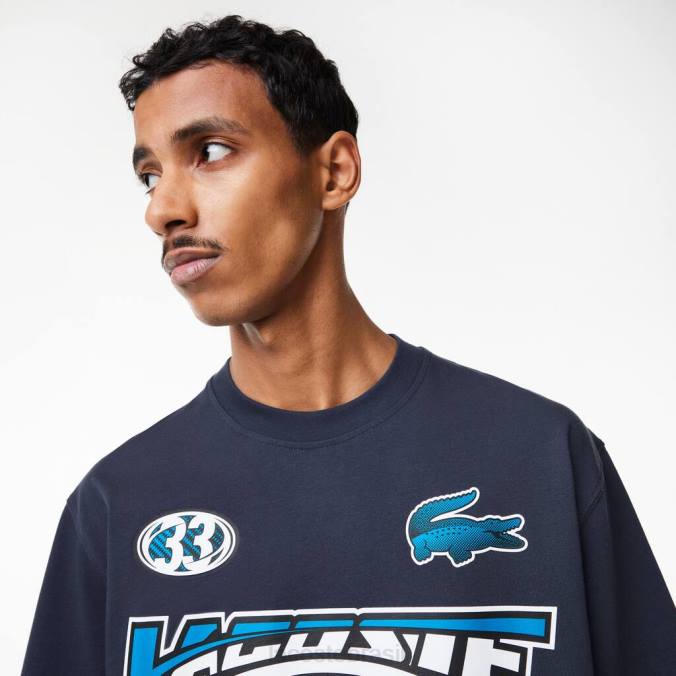 Lacoste homens camiseta folgada com estampa de jérsei de algodão azul P2PX146 roupas