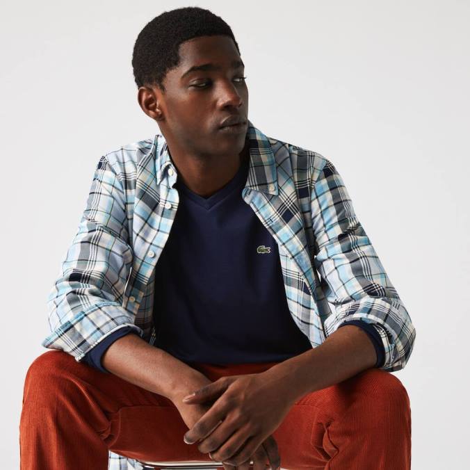 Lacoste homens camiseta leve em jersey de algodão pima com decote em V azul-marinho P2PX674 roupas