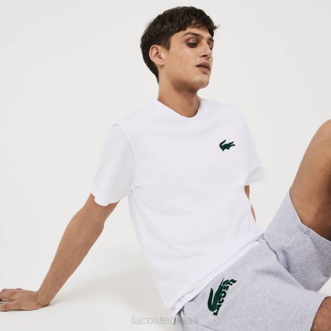 Lacoste homens camiseta lounge de algodão com gola redonda em veludo e crocodilo Branco Verde P2PX1343 roupas