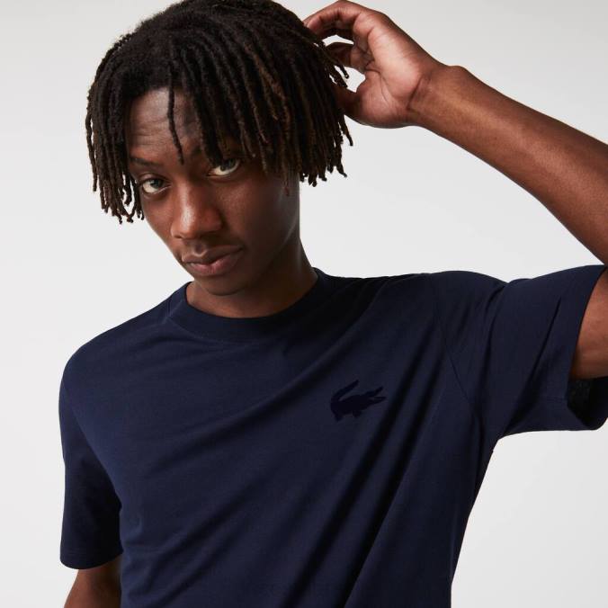 Lacoste homens camiseta lounge de algodão com gola redonda em veludo e crocodilo azul-marinho P2PX1344 roupas