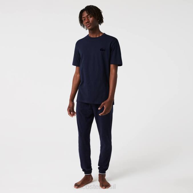 Lacoste homens camiseta lounge de algodão com gola redonda em veludo e crocodilo azul-marinho P2PX1344 roupas