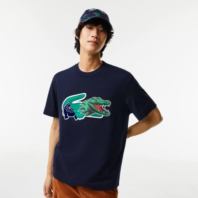 Lacoste homens camiseta oversized de crocodilo com corte descontraído azul-marinho P2PX607 roupas