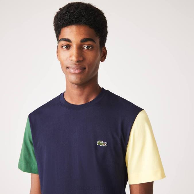 Lacoste homens camiseta regular fit em jersey de algodão colorblock azul marinho/verde/amarelo P2PX811 roupas