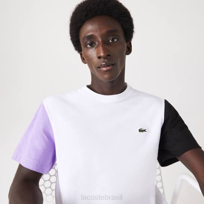 Lacoste homens camiseta regular fit em jersey de algodão colorblock branco/roxo/preto P2PX813 roupas