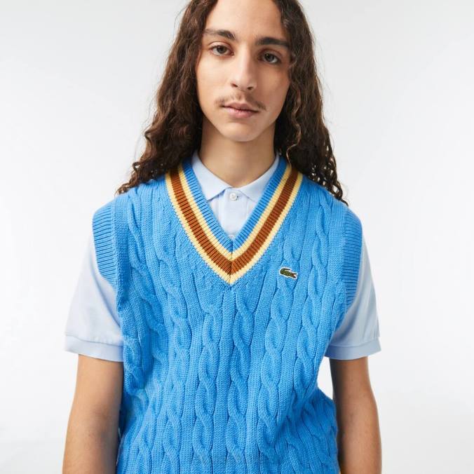 Lacoste homens colete de lã de corte clássico azul/marrom/amarelo P2PX1470 roupas
