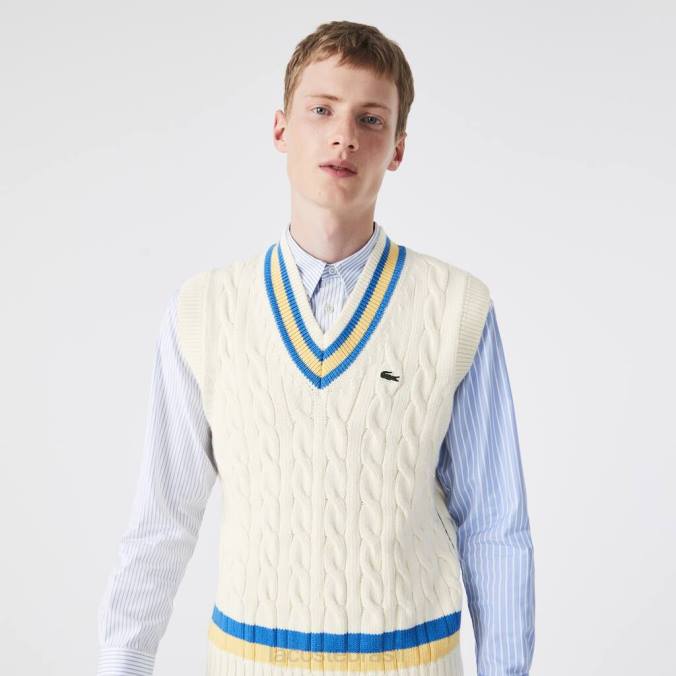 Lacoste homens colete de lã de corte clássico branco/amarelo/azul P2PX1471 roupas