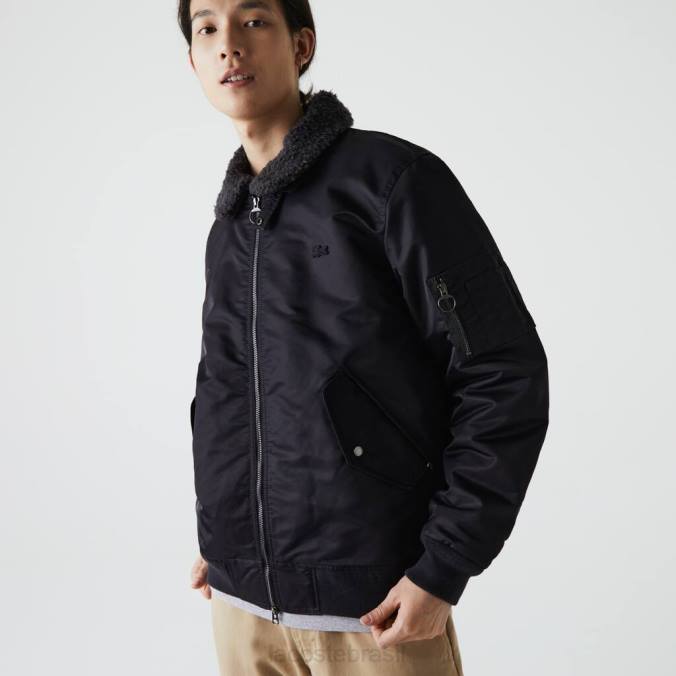 Lacoste homens jaqueta bomber acolchoada com gola sherpa cinza escuro/azul marinho P2PX1214 roupas