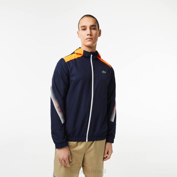 Lacoste homens jaqueta com capuz de poliéster reciclado de tênis azul marinho/laranja/branco/branco P2PX379 roupas