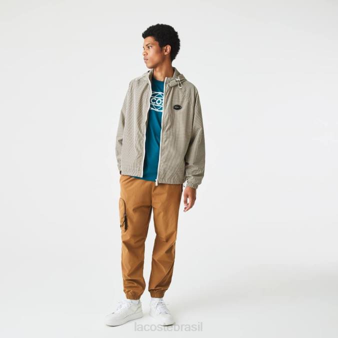 Lacoste homens jaqueta de sarja xadrez com capuz bege/azul marinho/branco/verde cáqui P2PX1232 roupas