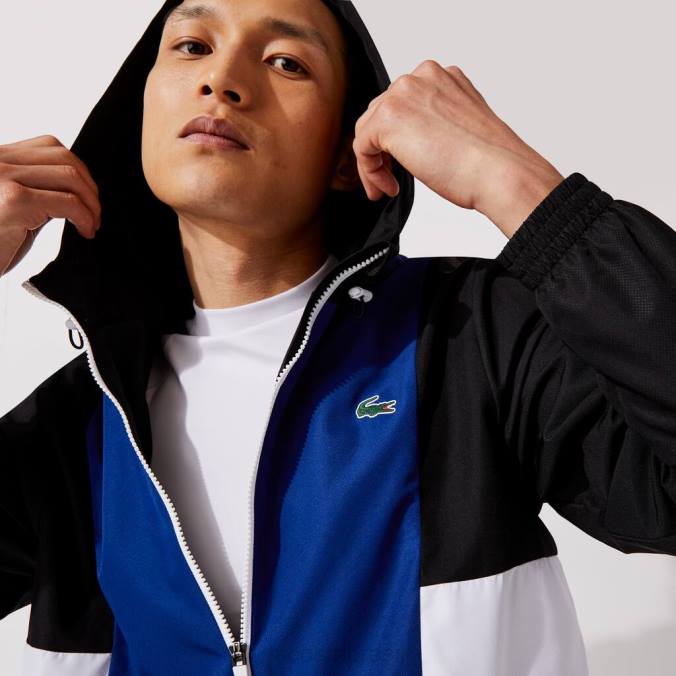 Lacoste homens jaqueta esportiva colorblock leve com zíper preto/azul/branco P2PX1322 roupas