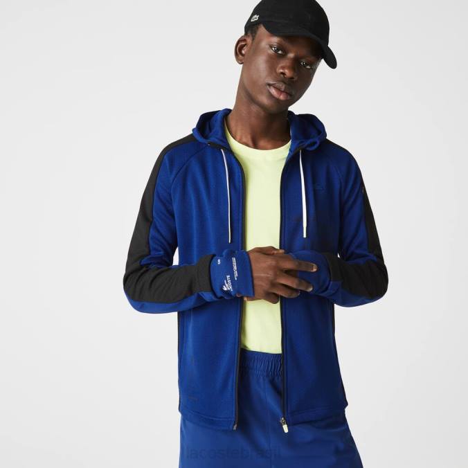 Lacoste homens jaqueta esportiva com capuz e faixa contrastante azul/preto/branco P2PX1191 roupas