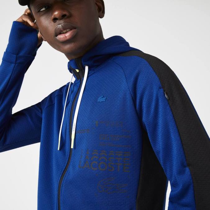 Lacoste homens jaqueta esportiva com capuz e faixa contrastante azul/preto/branco P2PX1191 roupas