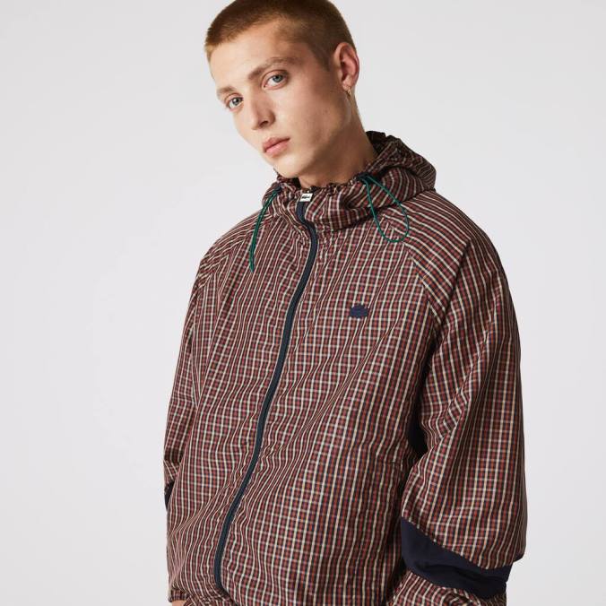 Lacoste homens jaqueta xadrez com capuz e zíper ao vivo azul marinho/branco P2PX1278 roupas