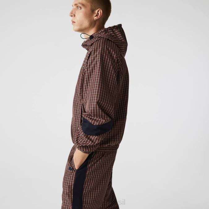 Lacoste homens jaqueta xadrez com capuz e zíper ao vivo azul marinho/branco P2PX1278 roupas