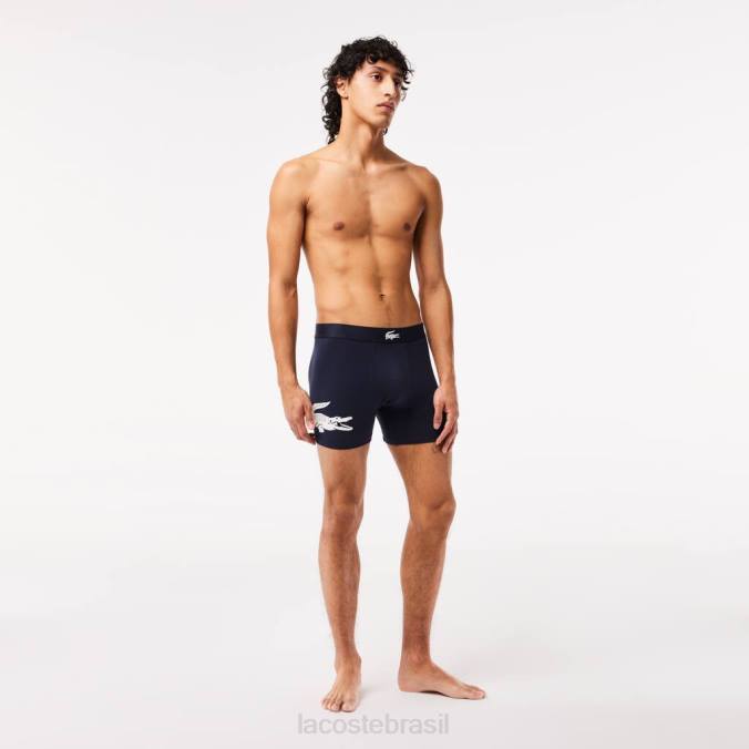 Lacoste homens Cueca boxer de algodão elástico longo com cintura de crocodilo, pacote com 3 chine azul marinho/branco/cinza P2PX1369 roupas