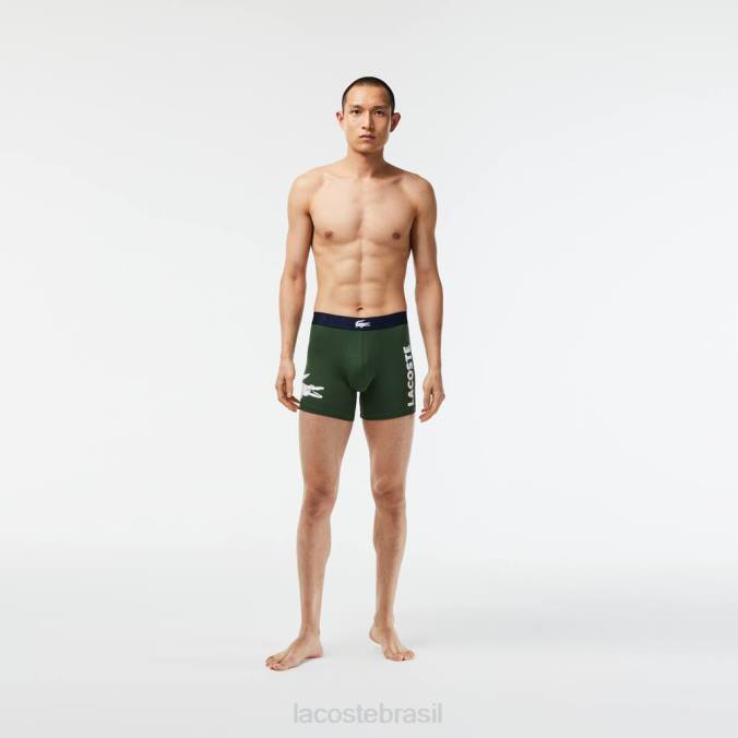 Lacoste homens Cueca boxer de algodão elástico longo com cintura de crocodilo, pacote com 3 verde/azul marinho/branco P2PX1368 roupas
