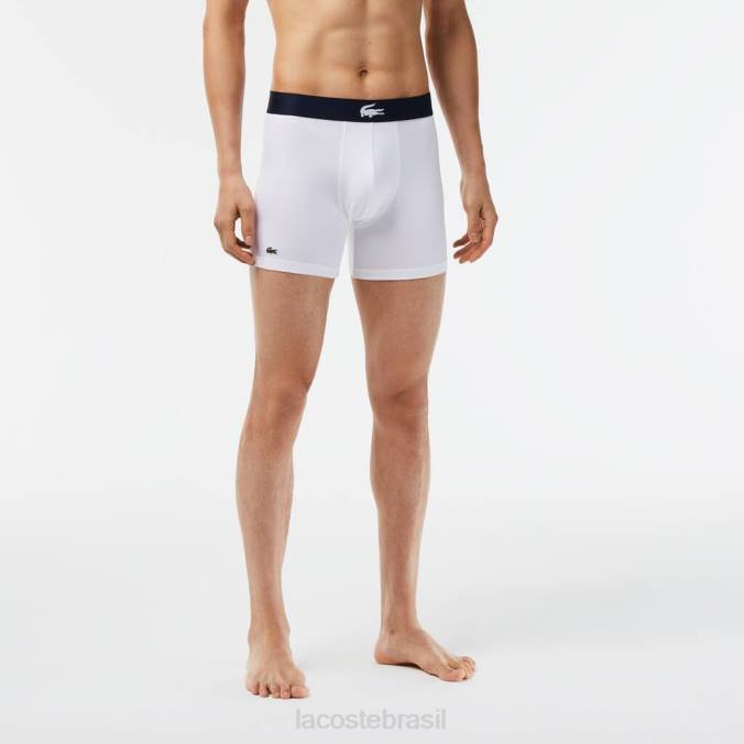 Lacoste homens Cueca boxer de algodão elástico longo com cintura de crocodilo, pacote com 3 verde/azul marinho/branco P2PX1368 roupas