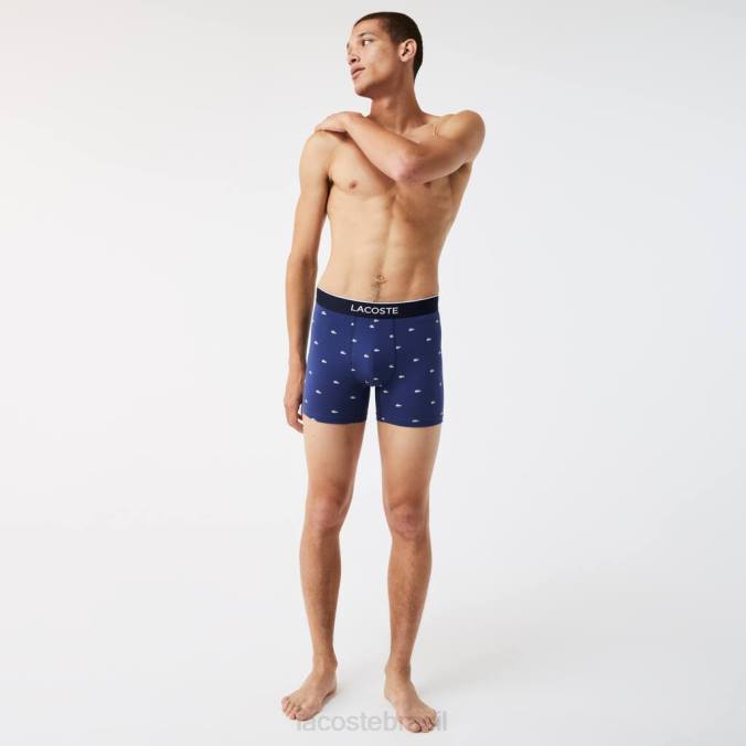 Lacoste homens Cueca boxer de algodão elástico longo com cintura de marca, pacote com 3 azul marinho/cinza chine/vermelho P2PX1428 roupas