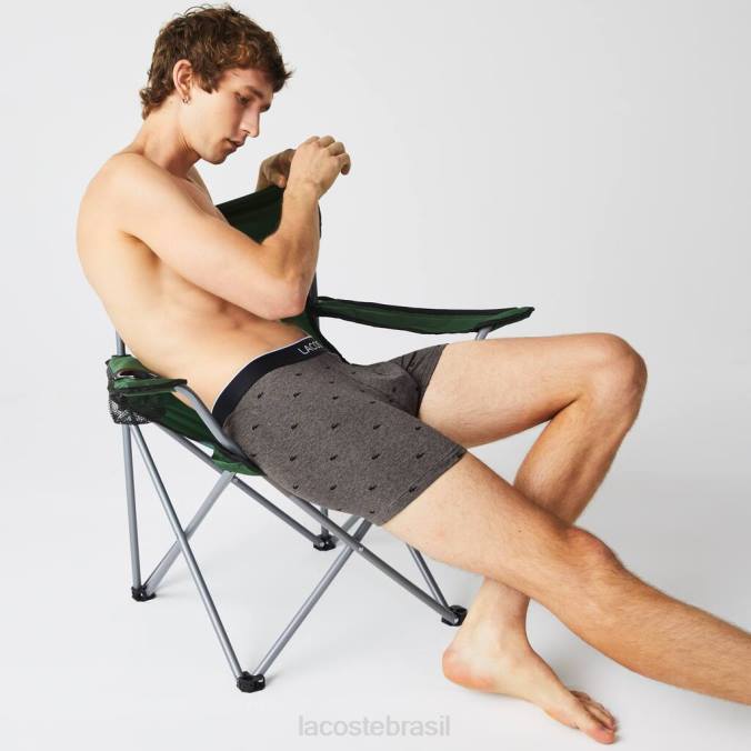 Lacoste homens Cueca boxer de algodão elástico longo com cintura de marca, pacote com 3 chinelo preto/cinza P2PX1429 roupas