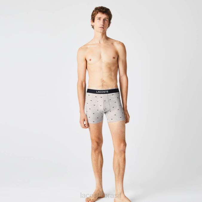 Lacoste homens Cueca boxer de algodão elástico longo com cintura de marca, pacote com 3 chinelo preto/cinza P2PX1429 roupas