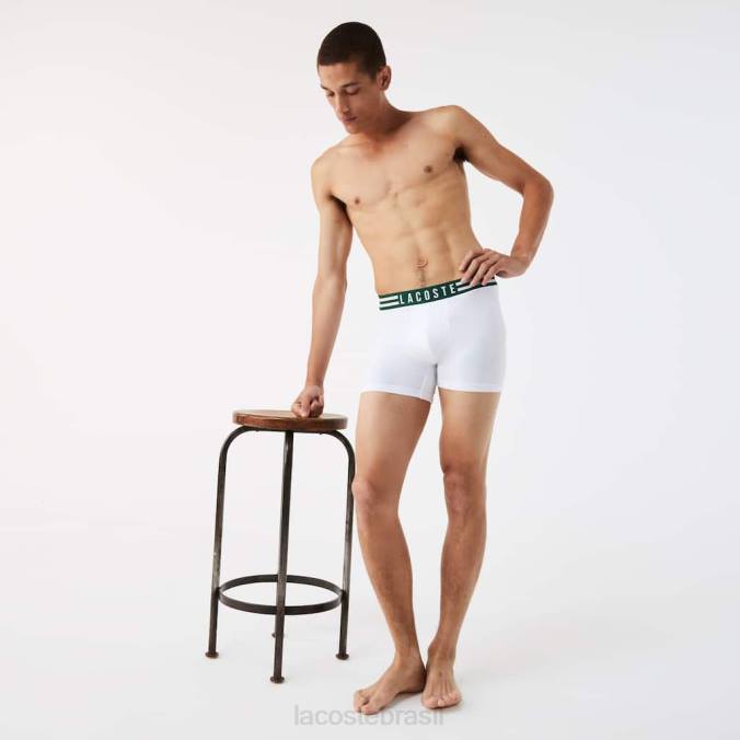 Lacoste homens Cueca boxer de algodão stretch longo com cintura listrada, pacote com 3 chine cinza/branco/azul marinho P2PX1434 roupas