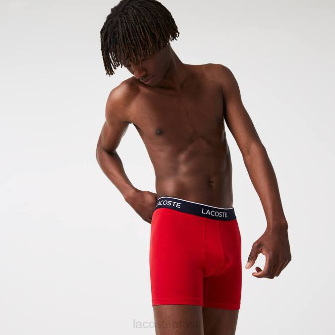 Lacoste homens Cueca boxer de algodão stretch longo, pacote com 3 azul marinho/vermelho P2PX1404 roupas
