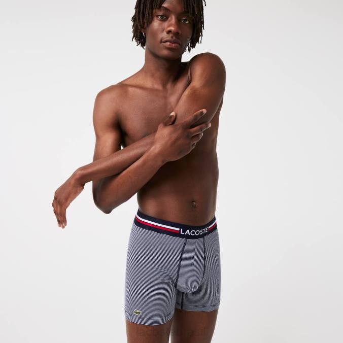 Lacoste homens Cueca boxer em jérsei de algodão elástico longo, pacote com 3 azul marinho/branco P2PX1424 roupas