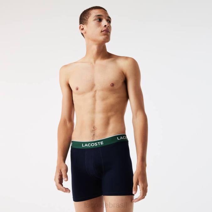 Lacoste homens cueca boxer longa de algodão, pacote com 3 azul marinho/verde/vermelho P2PX1416 roupas