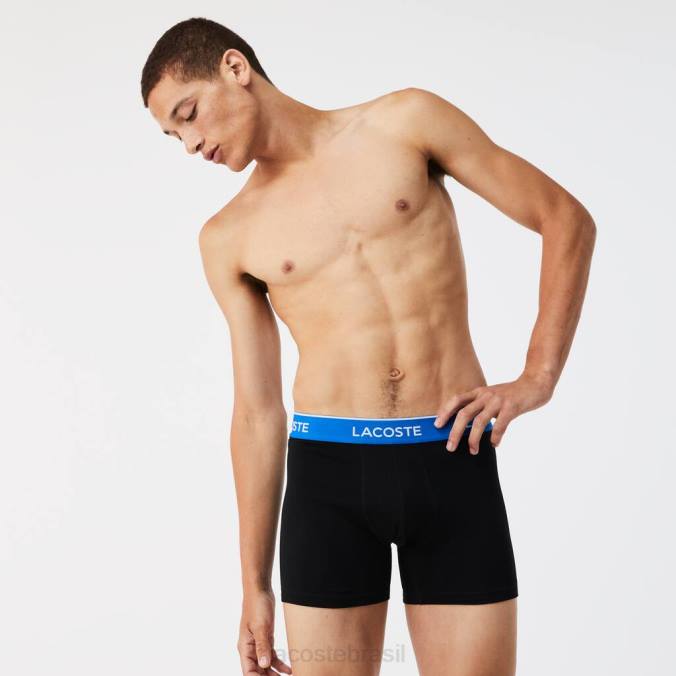 Lacoste homens cueca boxer longa de algodão, pacote com 3 preto/azul/cinza escuro P2PX1415 roupas
