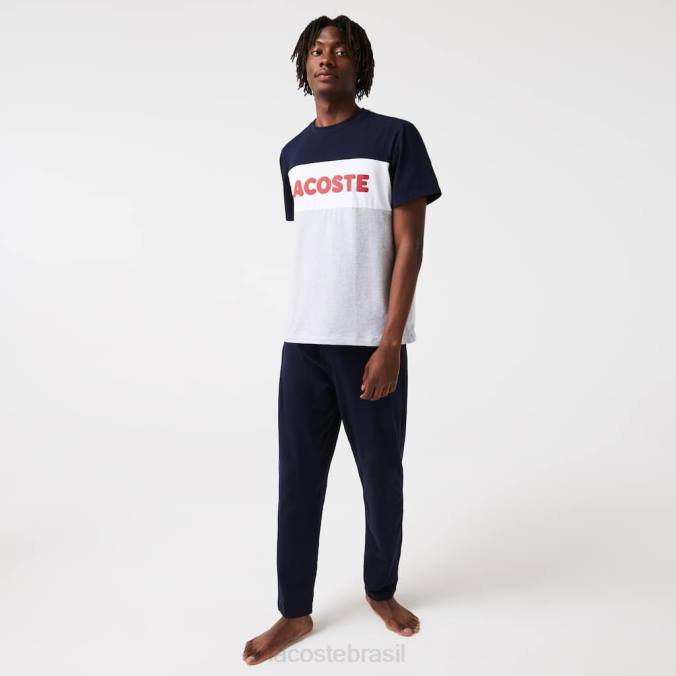 Lacoste homens Conjunto de pijama longo de algodão stretch colorblock chine cinza/azul marinho/branco/vermelho P2PX1510 roupas