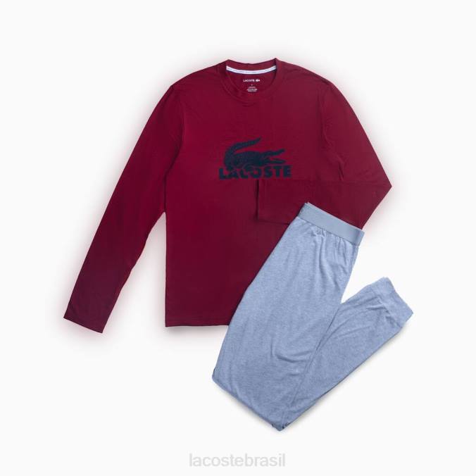 Lacoste homens conjunto de pijama longo com logotipo de veludo bordeaux/cinza escuro/cinza chine P2PX1458 roupas