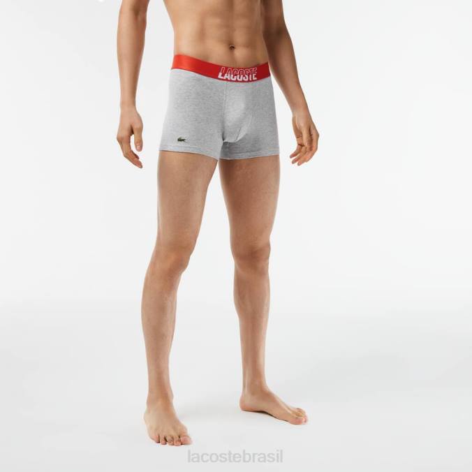 Lacoste homens Calções de banho estampados em algodão stretch, pack de 3 laranja/cinza chine/branco P2PX503 roupas