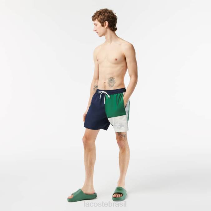Lacoste homens calção de banho colorblock em poliéster reciclado azul marinho/verde/branco P2PX520 roupas