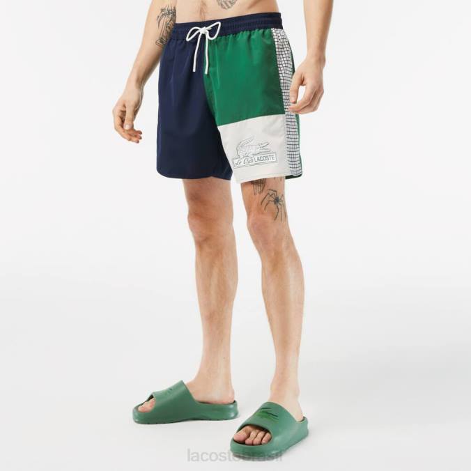 Lacoste homens calção de banho colorblock em poliéster reciclado azul marinho/verde/branco P2PX520 roupas