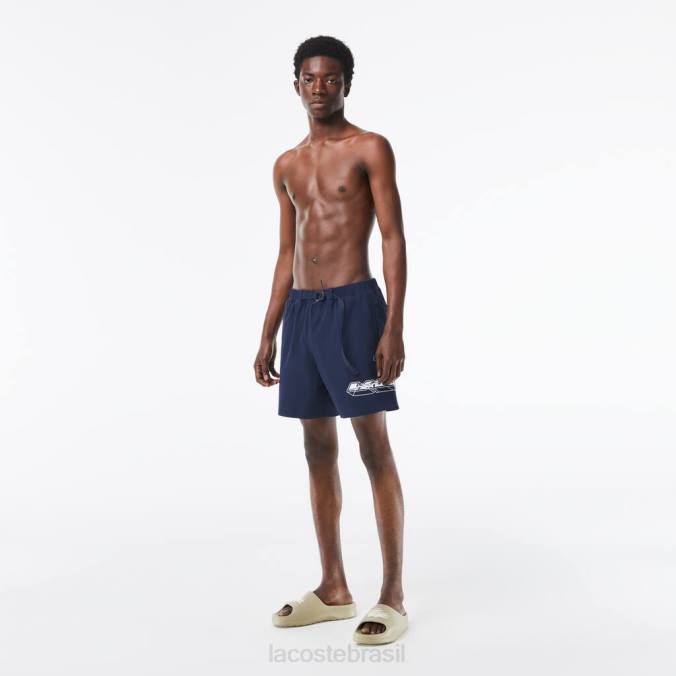 Lacoste homens calção de banho com listras com logotipo de secagem rápida azul P2PX528 roupas