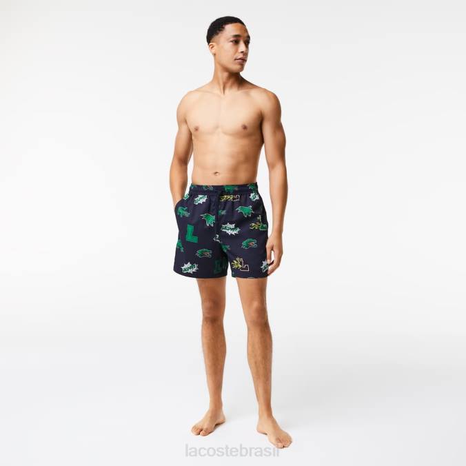 Lacoste homens calção de banho forrado em malha azul marinho/branco P2PX1670 roupas