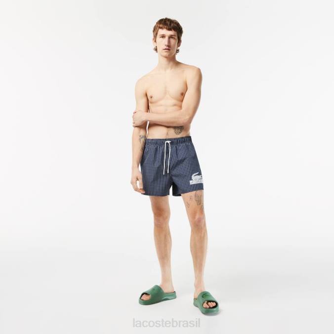 Lacoste homens calção de banho xadrez em poliéster reciclado azul marinho/branco P2PX532 roupas