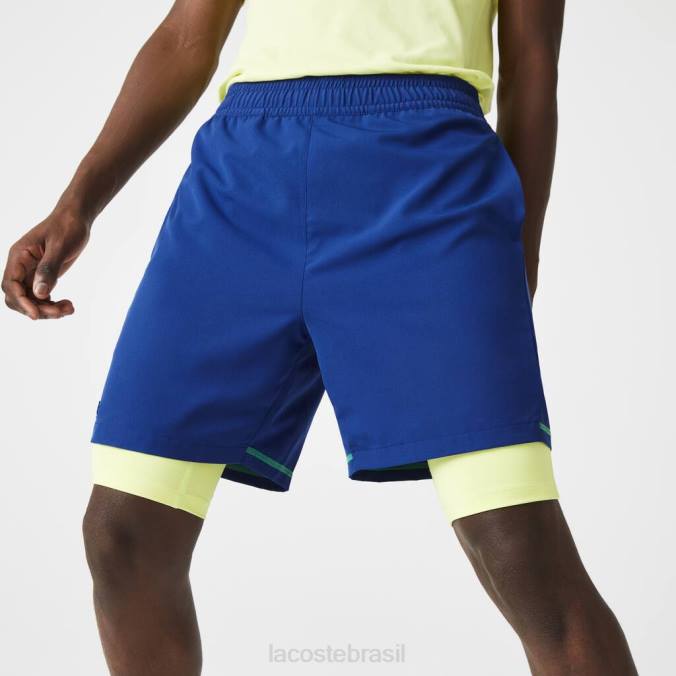 Lacoste homens shorts esportivos em camadas azul/amarelo chamativo/branco P2PX1544 roupas