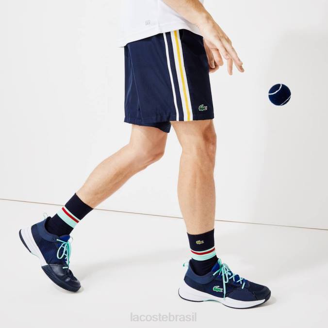 Lacoste homens shorts leves com faixas esportivas contrastantes azul marinho/amarelo/branco P2PX1363 roupas
