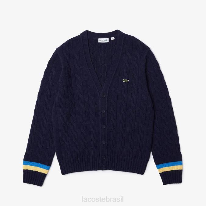 Lacoste homens cardigã listrado contrastante de corte clássico azul marinho/amarelo/azul P2PX1498 roupas