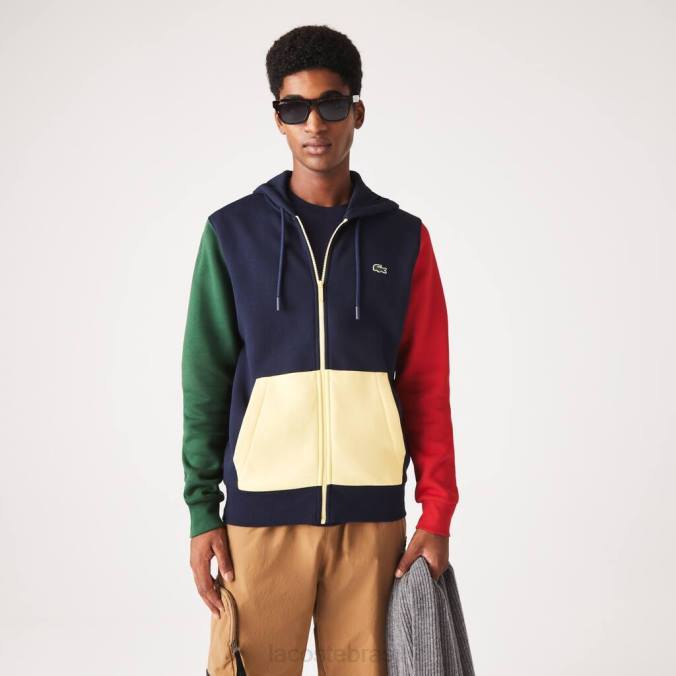 Lacoste homens moletom clássico com capuz e zíper color block azul marinho/verde/vermelho/amarelo P2PX1080 roupas