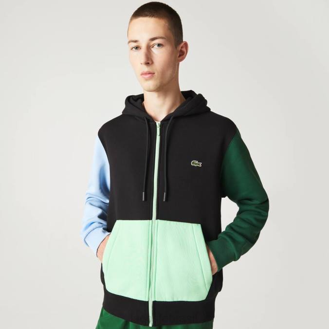 Lacoste homens moletom clássico com capuz e zíper color block preto/verde/azul/verde claro P2PX1081 roupas