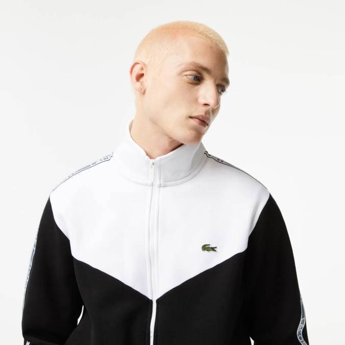 Lacoste homens moletom clássico com zíper colorblock Preto branco P2PX20 roupas
