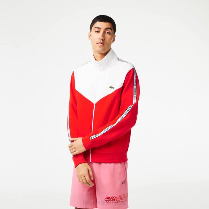 Lacoste homens moletom clássico com zíper colorblock vermelho branco P2PX19 roupas