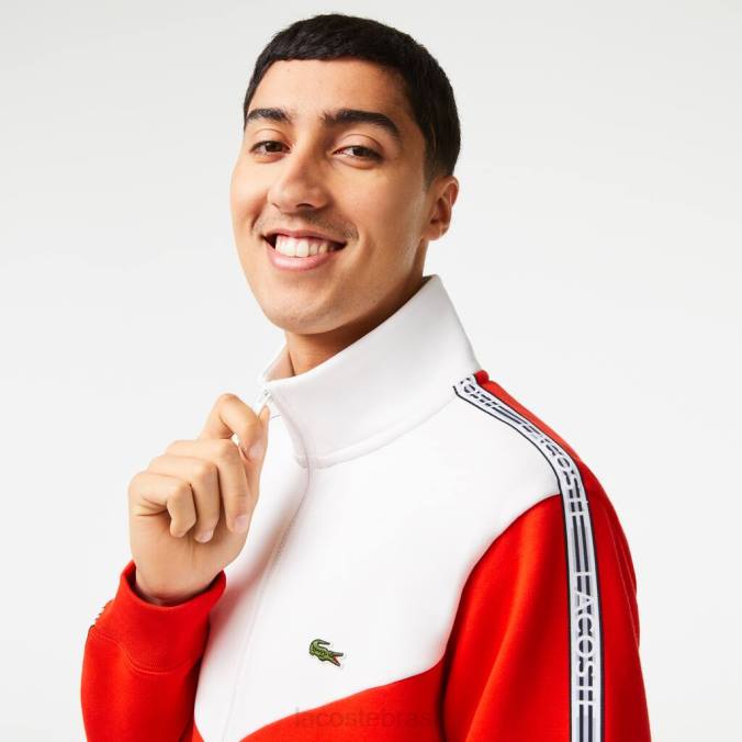 Lacoste homens moletom clássico com zíper colorblock vermelho branco P2PX19 roupas