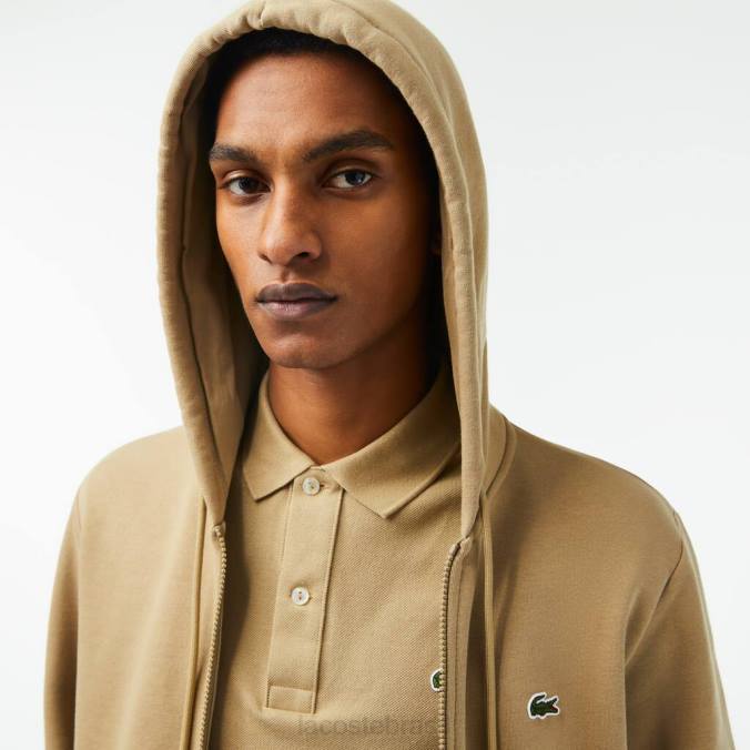 Lacoste homens moletom com bolso canguru e zíper bege P2PX351 roupas